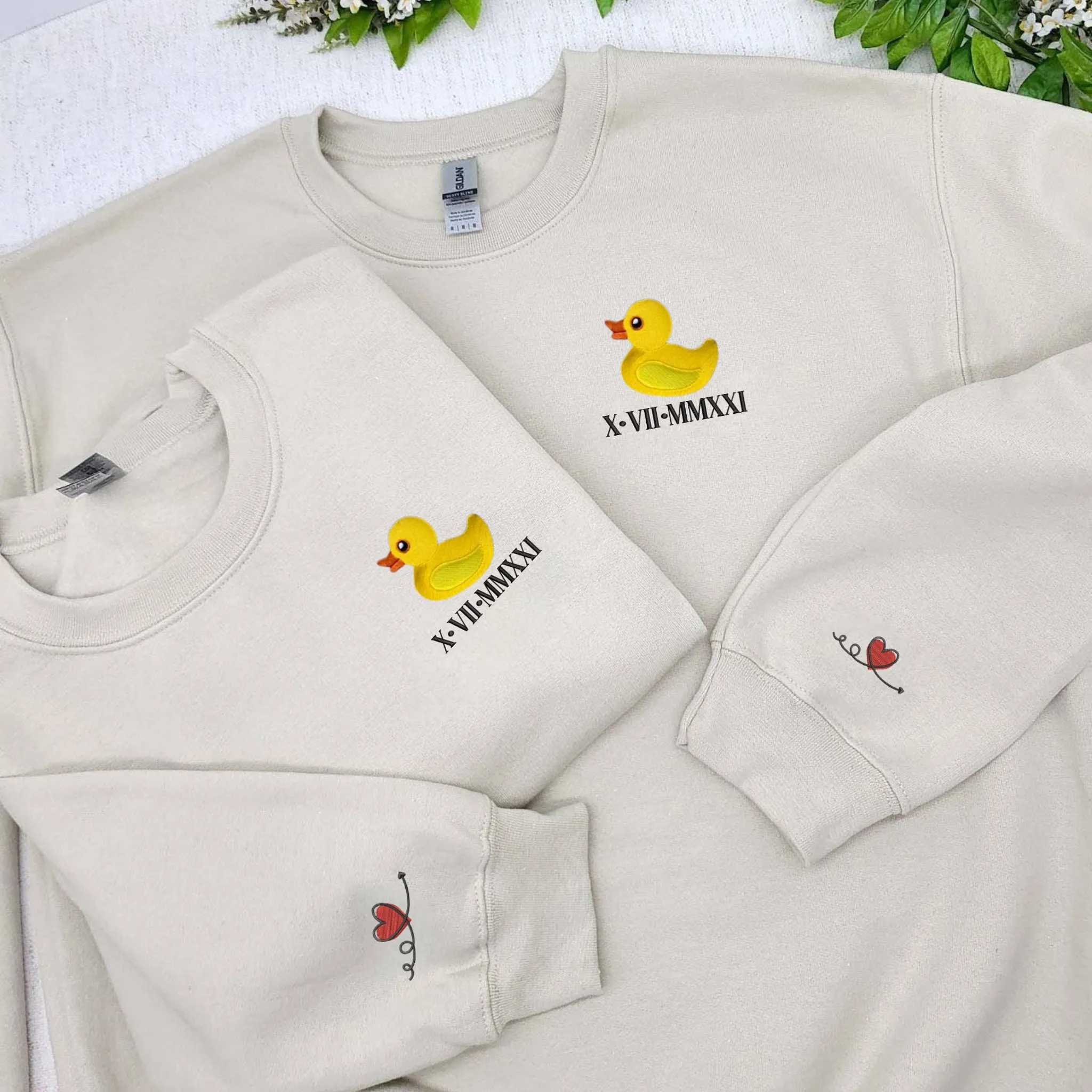 Couple Duck Sweatshirt or Hoodie with Custom Embroidered Initial Heart on Sleeve