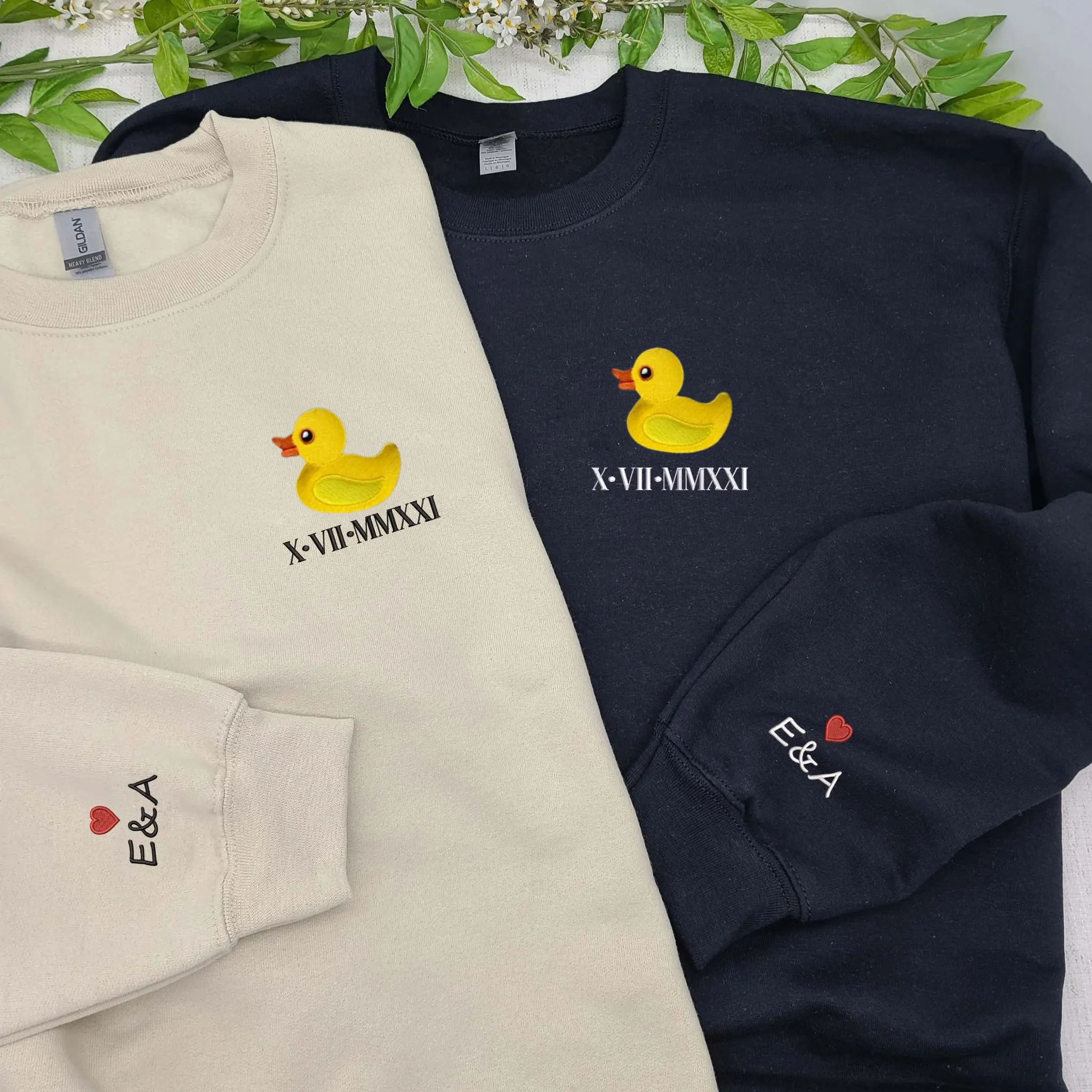 Couple Duck Sweatshirt or Hoodie with Custom Embroidered Initial Heart on Sleeve