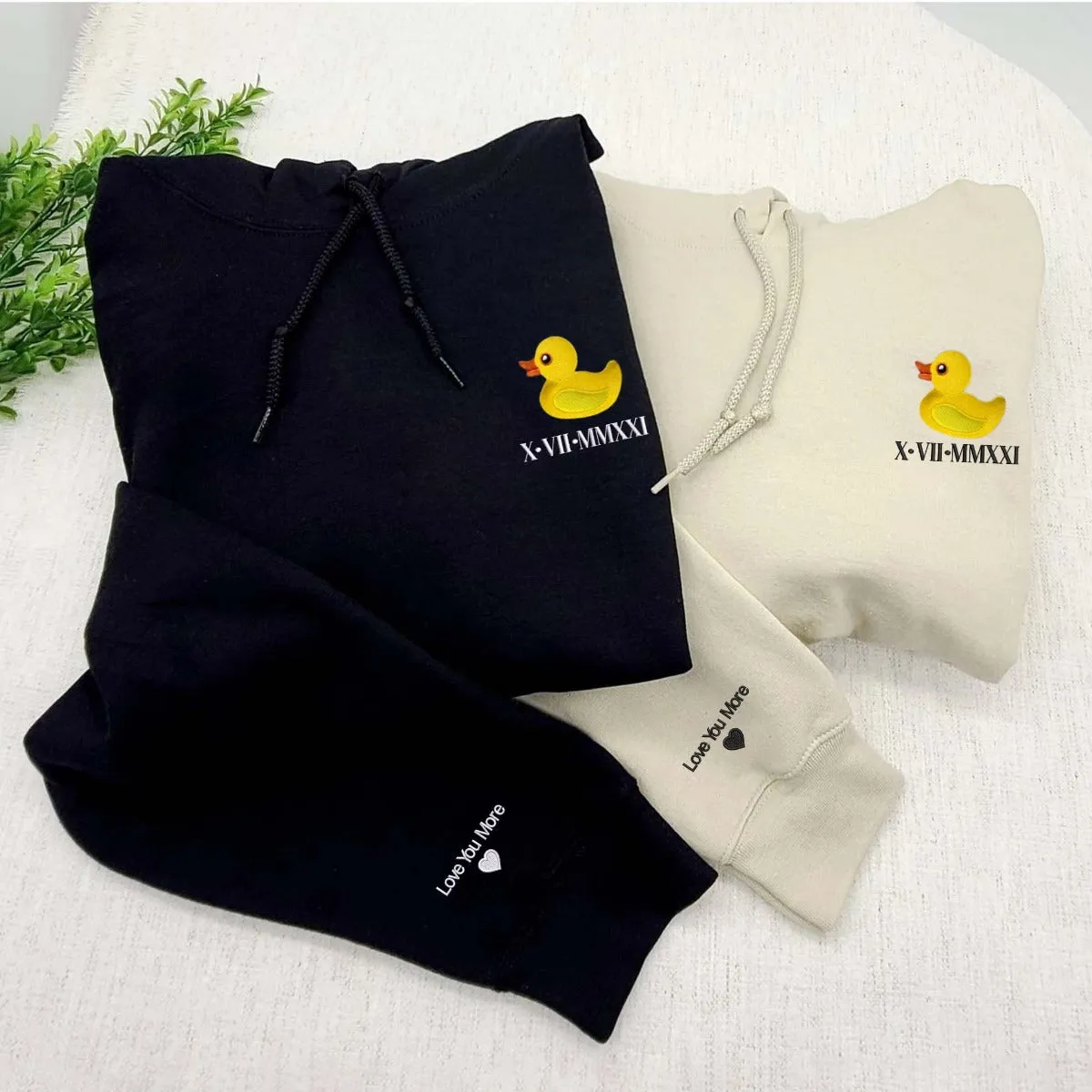 Couple Duck Sweatshirt or Hoodie with Custom Embroidered Initial Heart on Sleeve