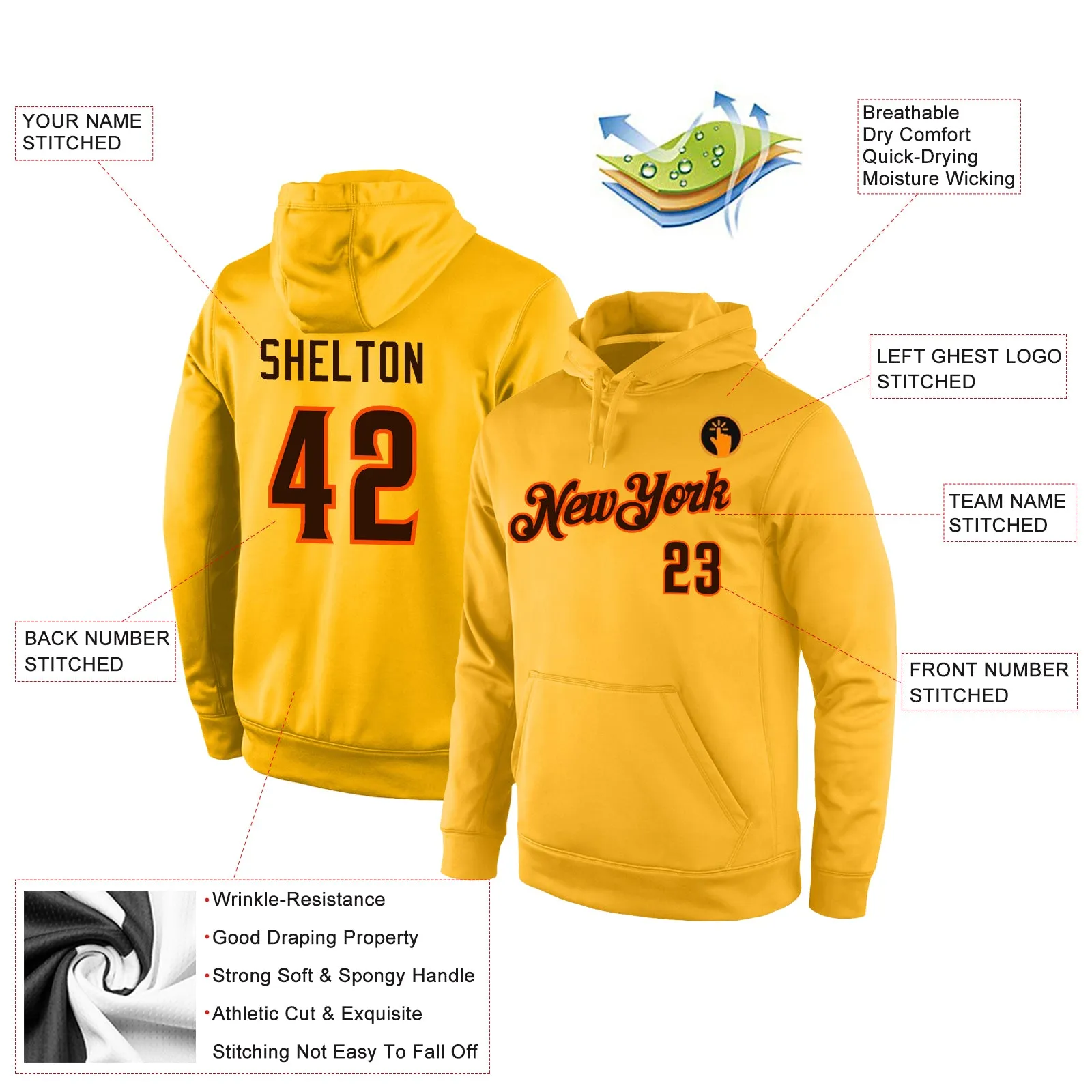 Custom Stitched Gold Brown-Orange Sports Pullover Sweatshirt Hoodie