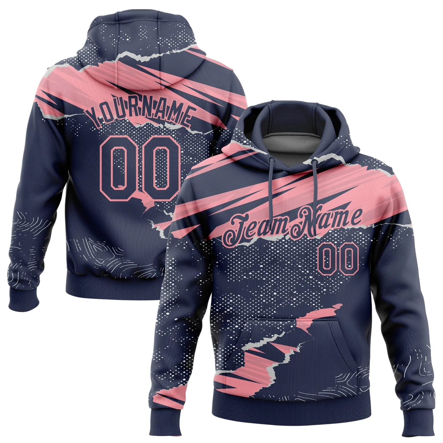 Custom Stitched Navy Medium Pink 3D Pattern Design Torn Paper Style Sports Pullover Sweatshirt Hoodie