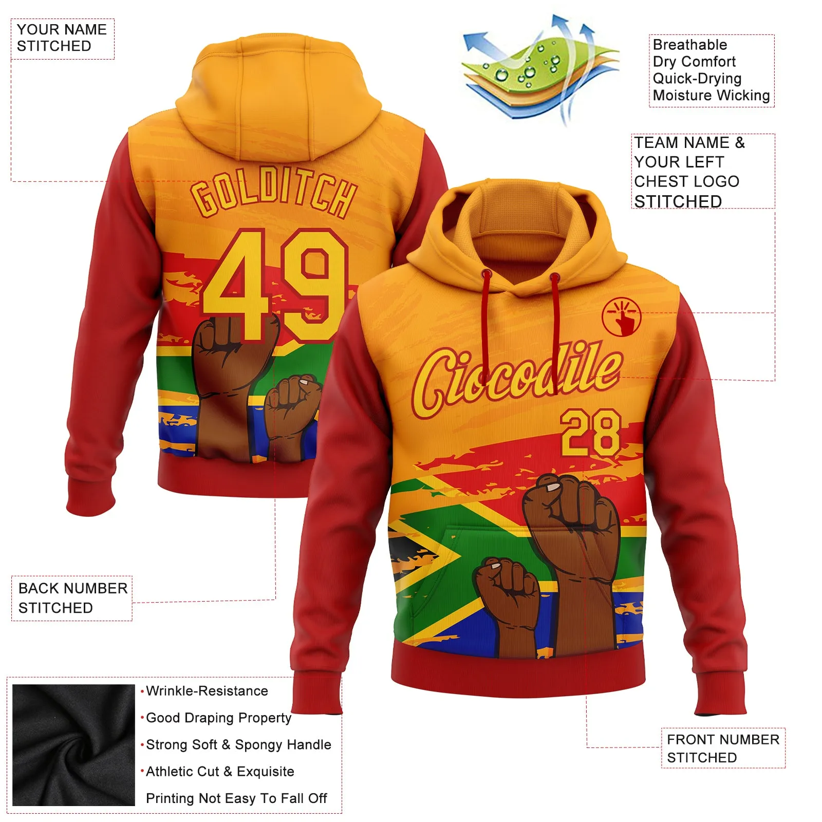 Custom Stitched Yellow-Red 3D Pattern Design Black History Month Sports Pullover Sweatshirt Hoodie