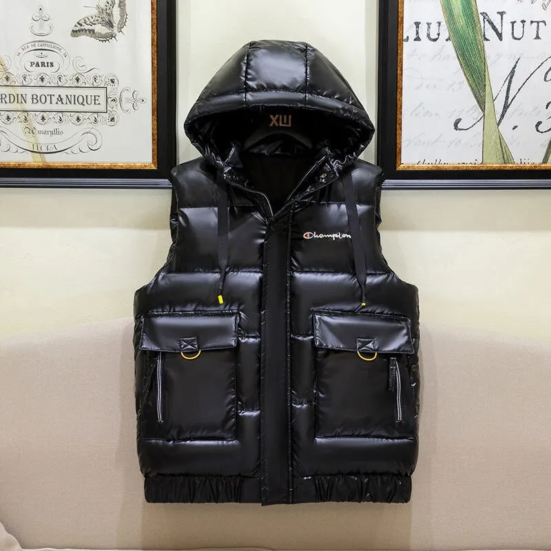 Down Cotton Hooded Vest Men Fashion Black Winter New Coat Warm Casual Thicken Gilets Male Jacket Grey Sleeveless Waistcoat