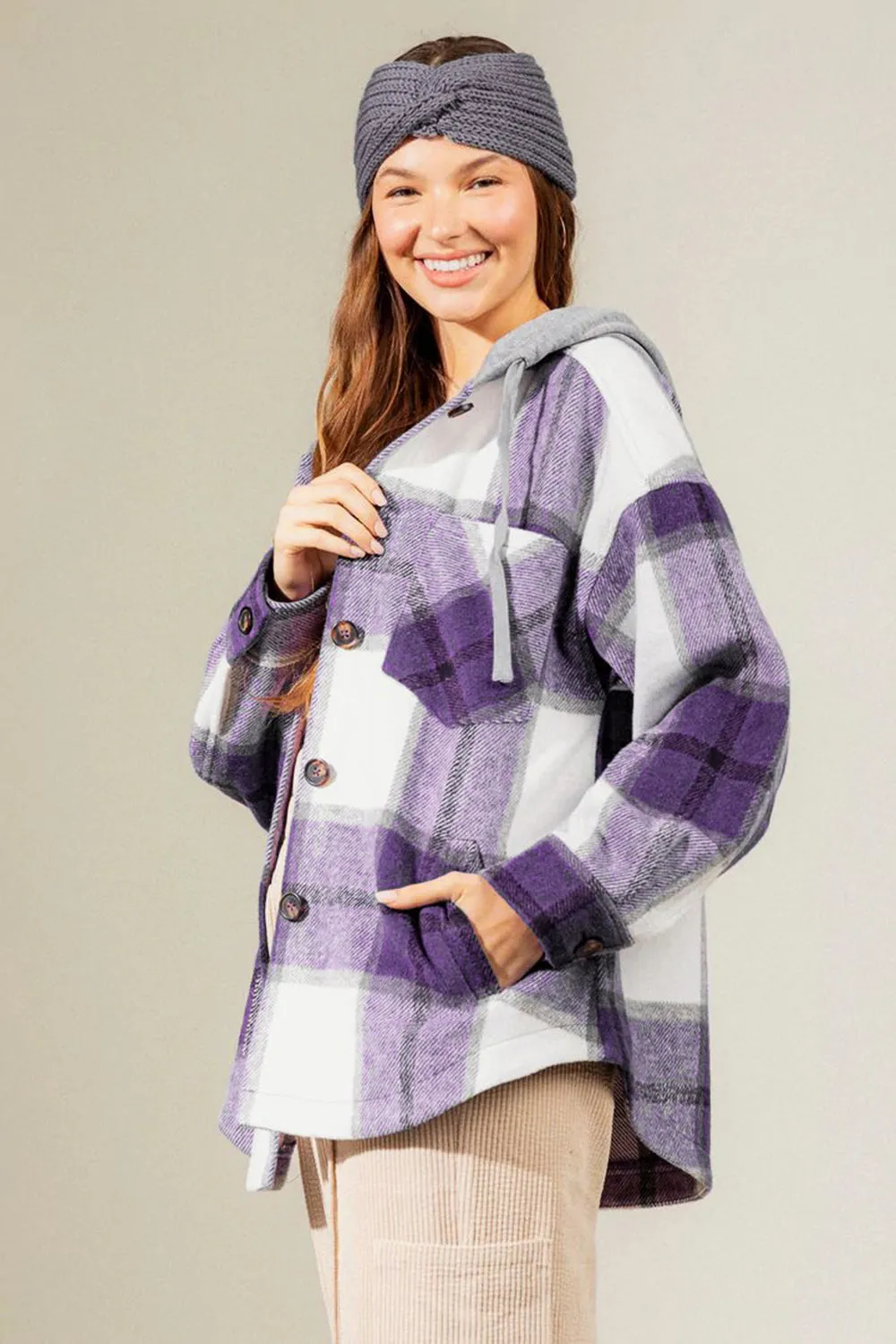 Drawstring Plaid Dropped Shoulder Hooded Shacket