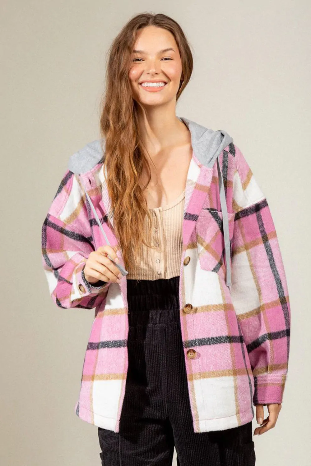 Drawstring Plaid Dropped Shoulder Hooded Shacket