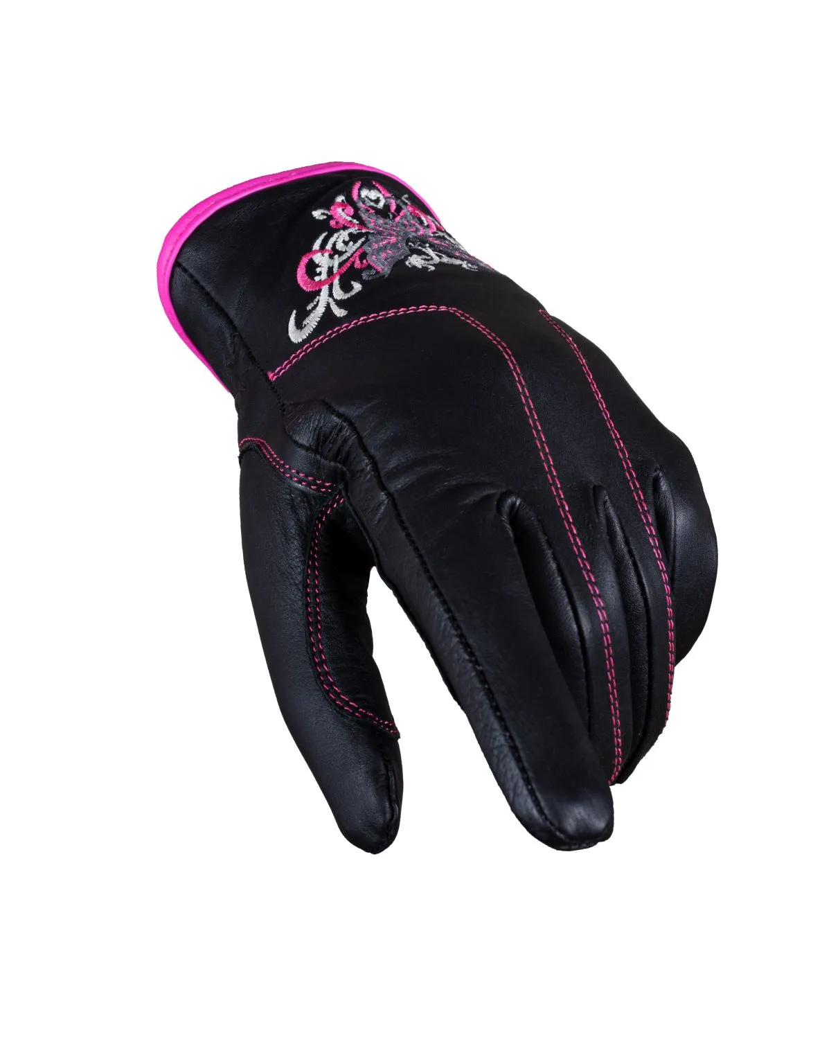 Dream Apparel Pink & Silver Butterfly in a White Graphic Embroidered Leather Gloves