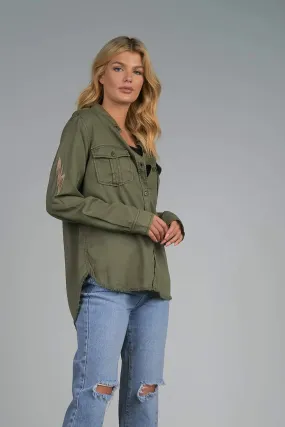 Elan Olive Green Distressed Shacket