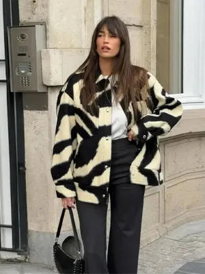 Elegant Zebra Printed Single Breasted Fashion Lapel Long Sleeves Loose Autumn Chic Stylish Coat