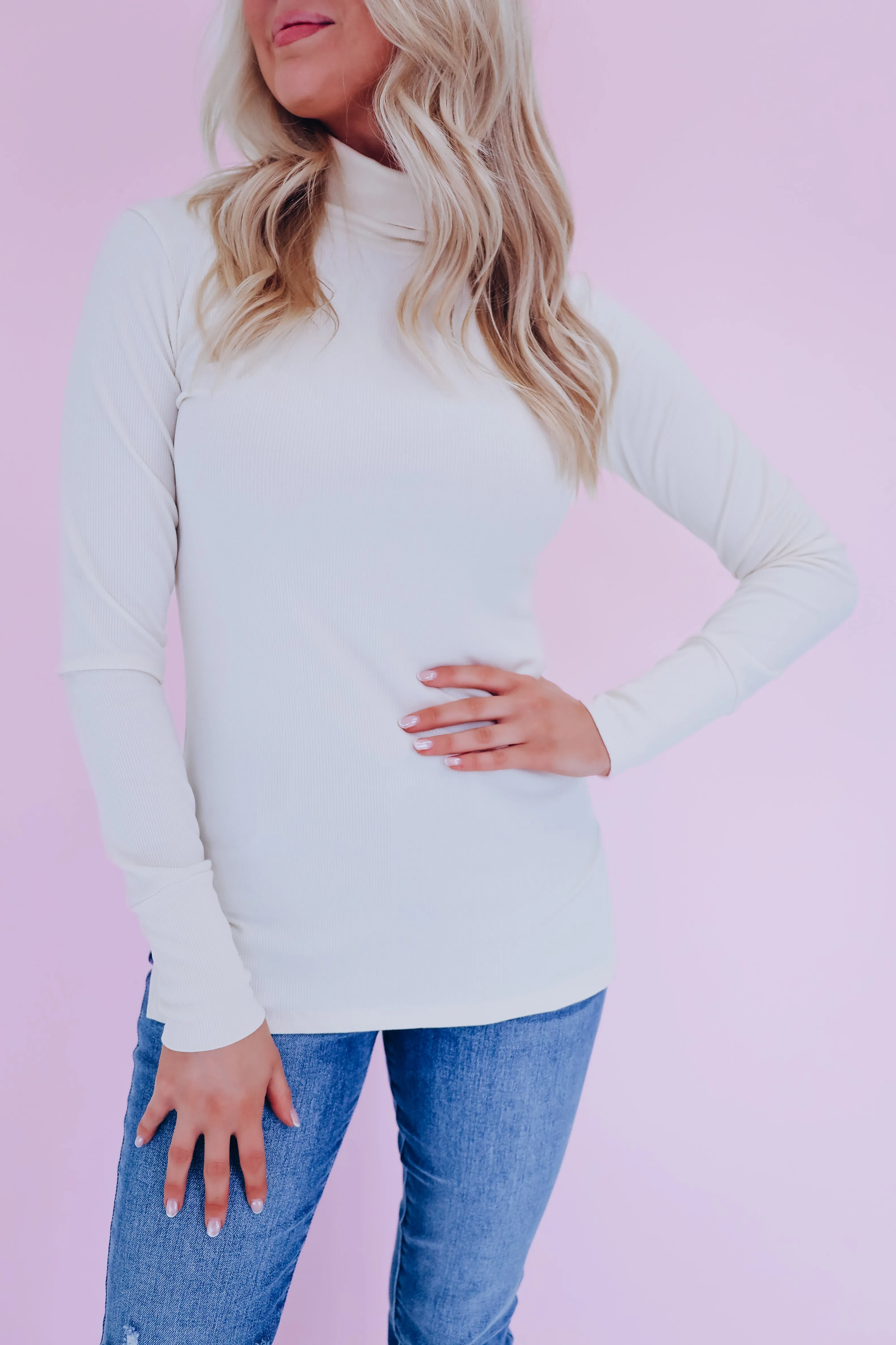 Essence Mock Neck Ribbed Top - Beige