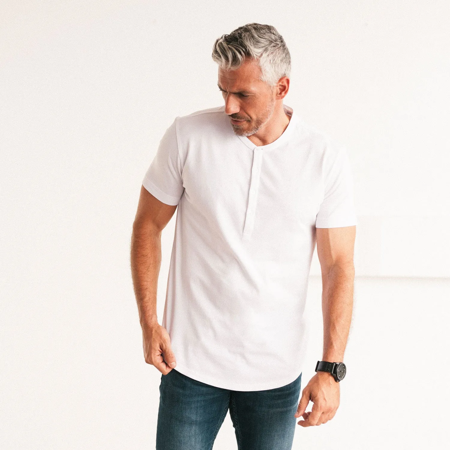 Essential Short Sleeve Curved Hem Henley –  White Cotton Jersey