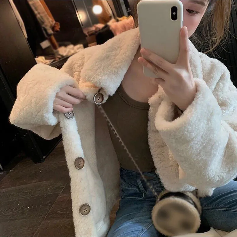 Fashionkova Artificial Lamb Plush Jacket Women Autumn Winter Long Sleeve Loose Stand Collar Sweet Coat Comfort Warm Jacket for Women