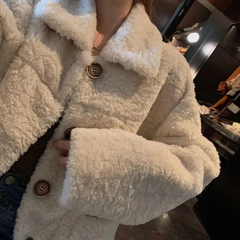 Fashionkova Artificial Lamb Plush Jacket Women Autumn Winter Long Sleeve Loose Stand Collar Sweet Coat Comfort Warm Jacket for Women