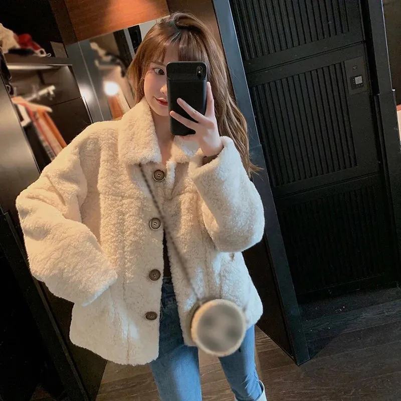 Fashionkova Artificial Lamb Plush Jacket Women Autumn Winter Long Sleeve Loose Stand Collar Sweet Coat Comfort Warm Jacket for Women