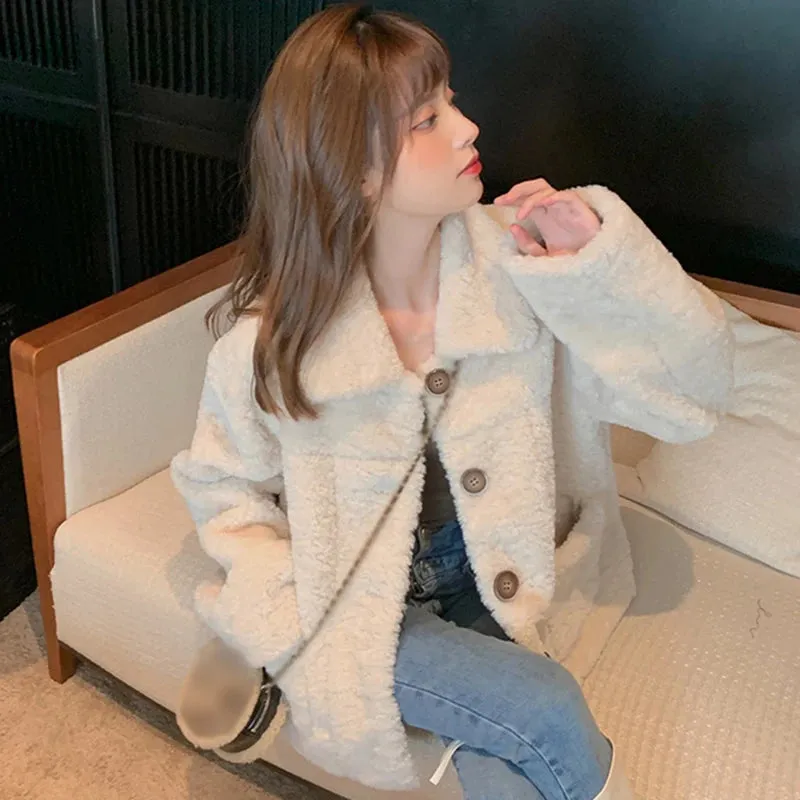 Fashionkova Artificial Lamb Plush Jacket Women Autumn Winter Long Sleeve Loose Stand Collar Sweet Coat Comfort Warm Jacket for Women