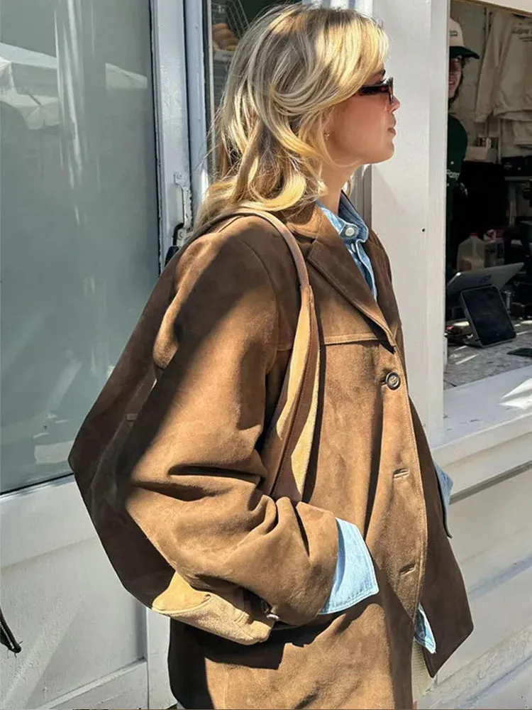 Fashionkova Fashion Brown Lapel With Pocket Jacket Woman Casual Single Breasted Long Sleeve Short Coat 2024 Lady Autumn High Street Outwear