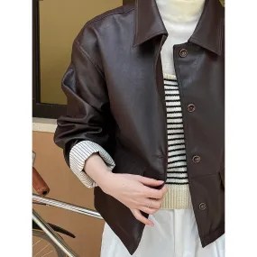 Flytonn-Fall Outfits Women PU Leather Brown Jacket Women's Contrasting Color Autumn Motorcycle Coat