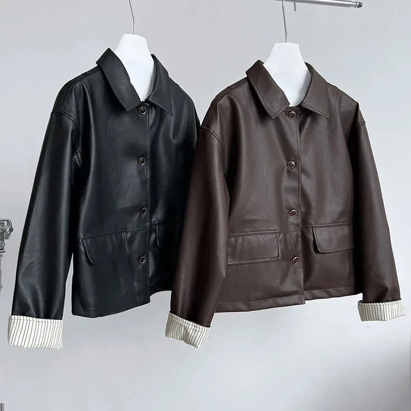 Flytonn-Fall Outfits Women PU Leather Brown Jacket Women's Contrasting Color Autumn Motorcycle Coat