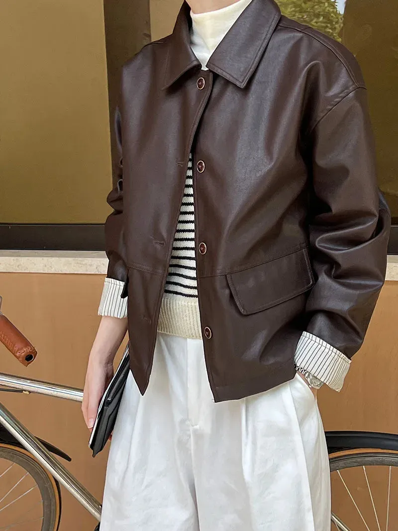 Flytonn-Fall Outfits Women PU Leather Brown Jacket Women's Contrasting Color Autumn Motorcycle Coat