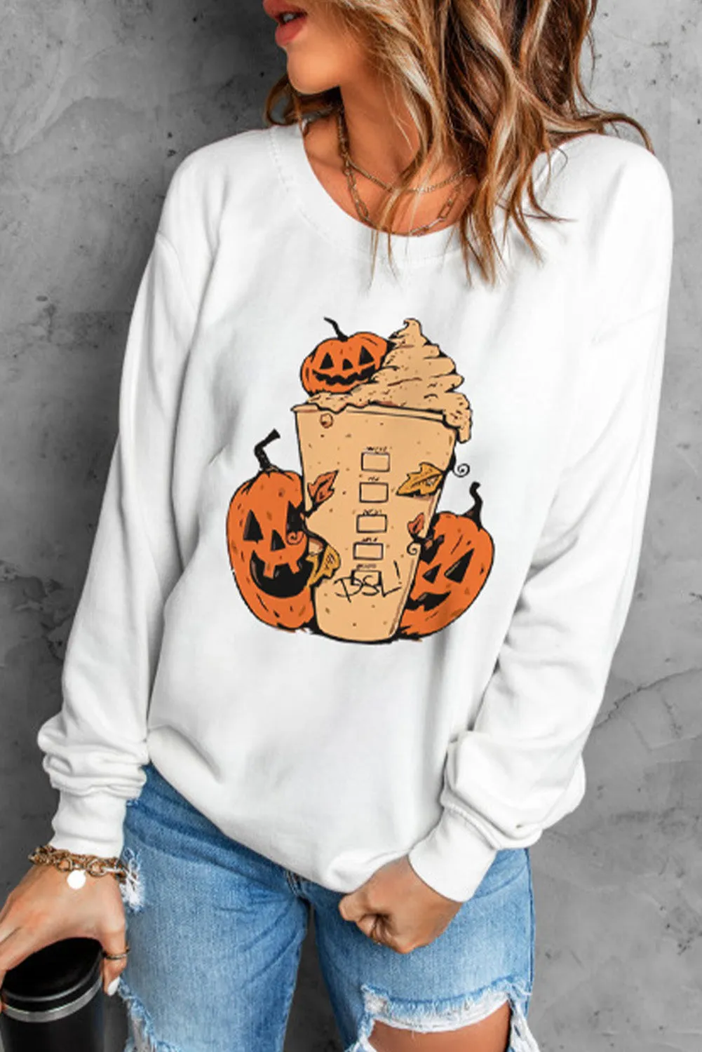 Halloween Pumpkin Latte Graphic Round Neck Sweatshirt