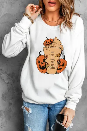 Halloween Pumpkin Latte Graphic Round Neck Sweatshirt