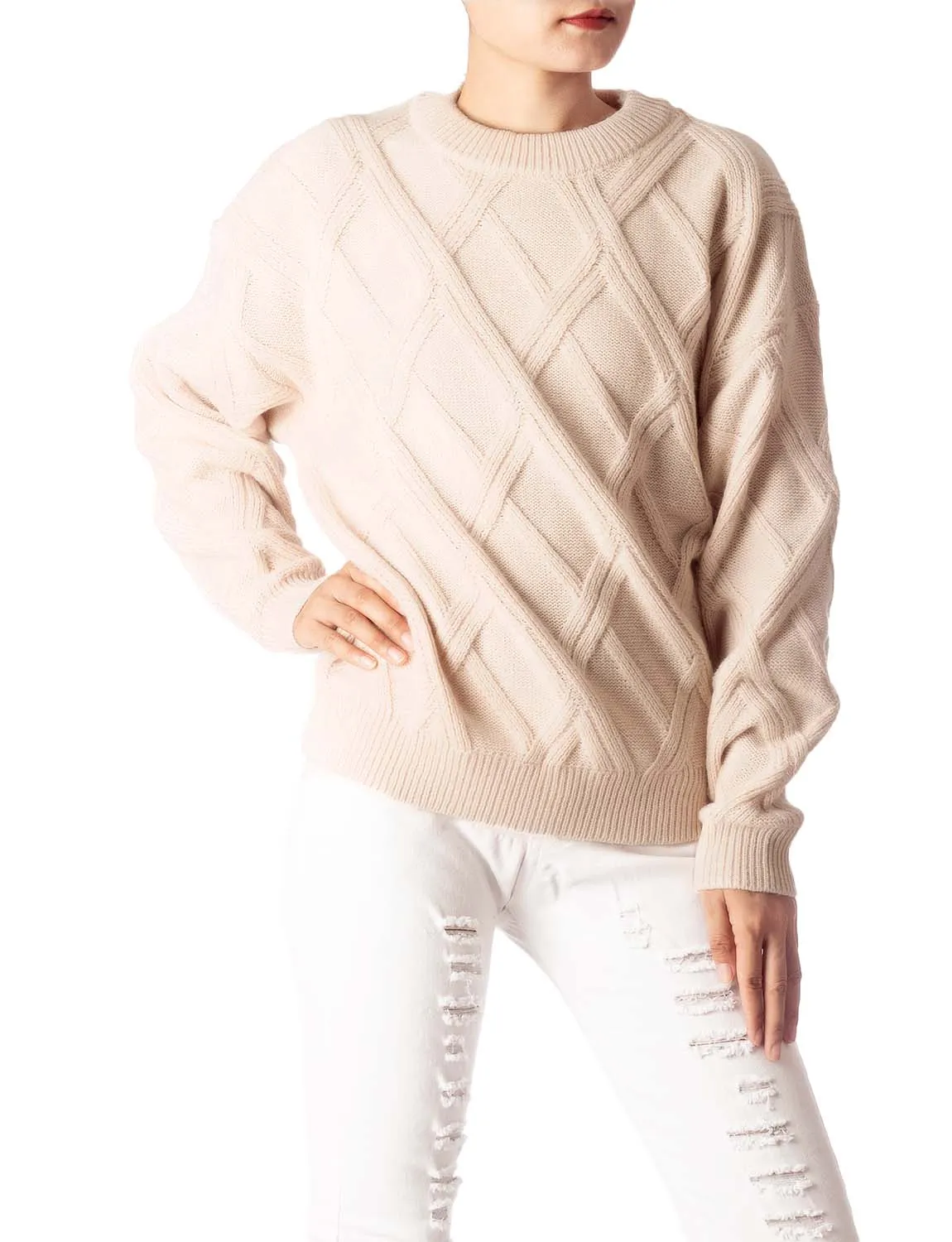 iB-iP Women's Cozy Casual Top Long Sleeve Cable Knitted Pullover Sweater