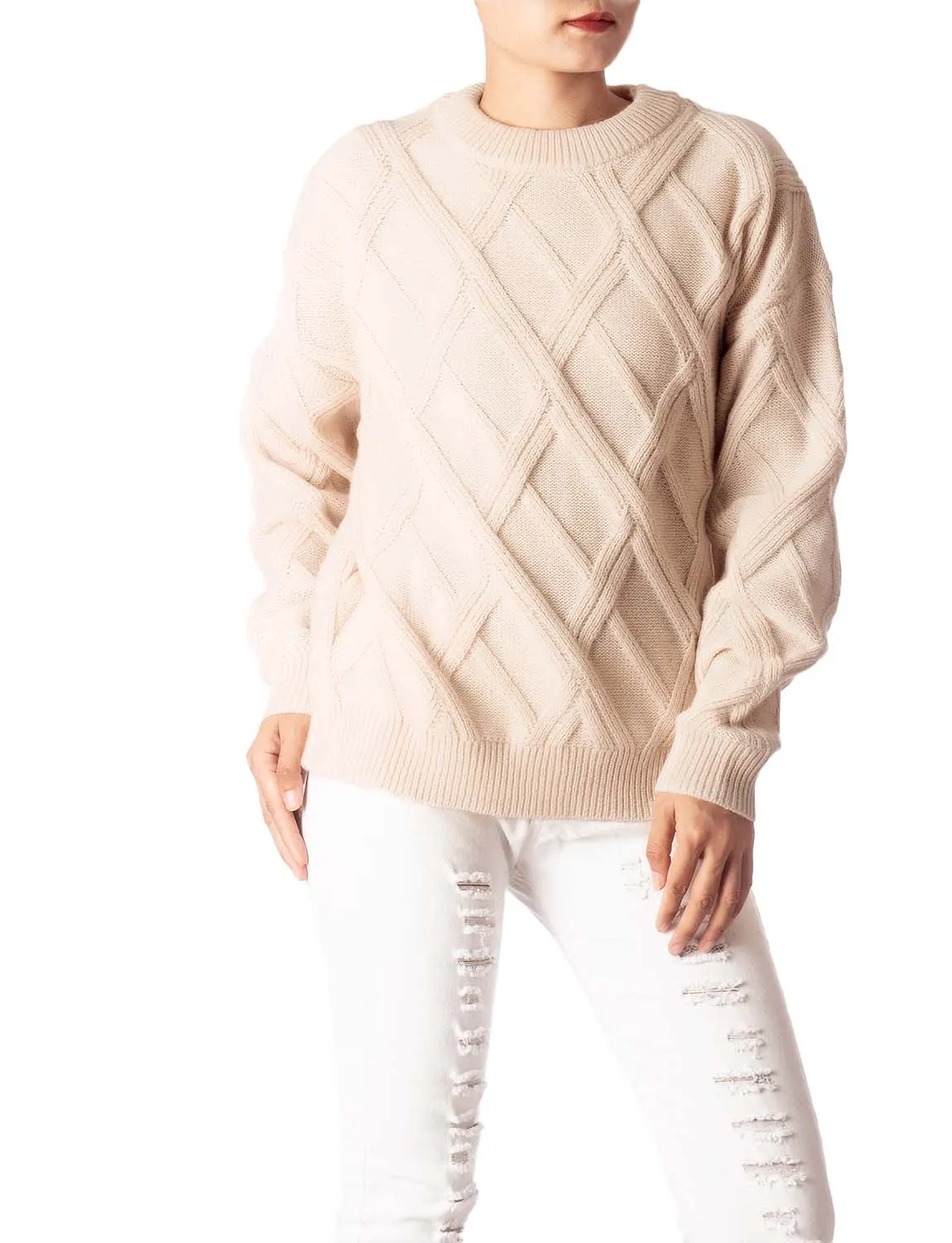 iB-iP Women's Cozy Casual Top Long Sleeve Cable Knitted Pullover Sweater