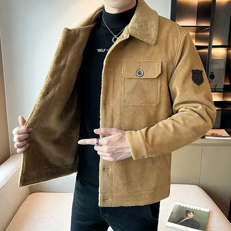 Ilooove - Winter New Corduroy Jacket Men's Slim Fit Thickened Fleece Lamb Coat Oversized Single Breasted Male Outwear Mud Yellow Tops 5xl