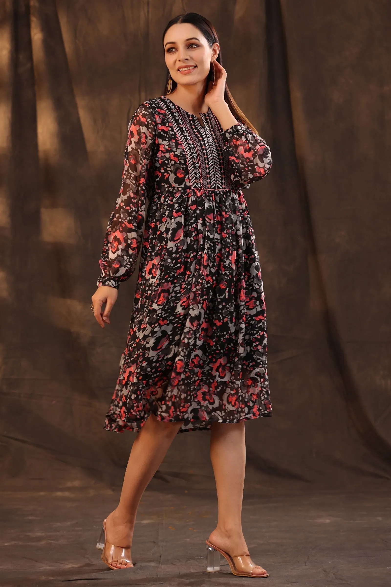 Jashvi Black Chiffon Abstract Printed Flared Midi Dress.