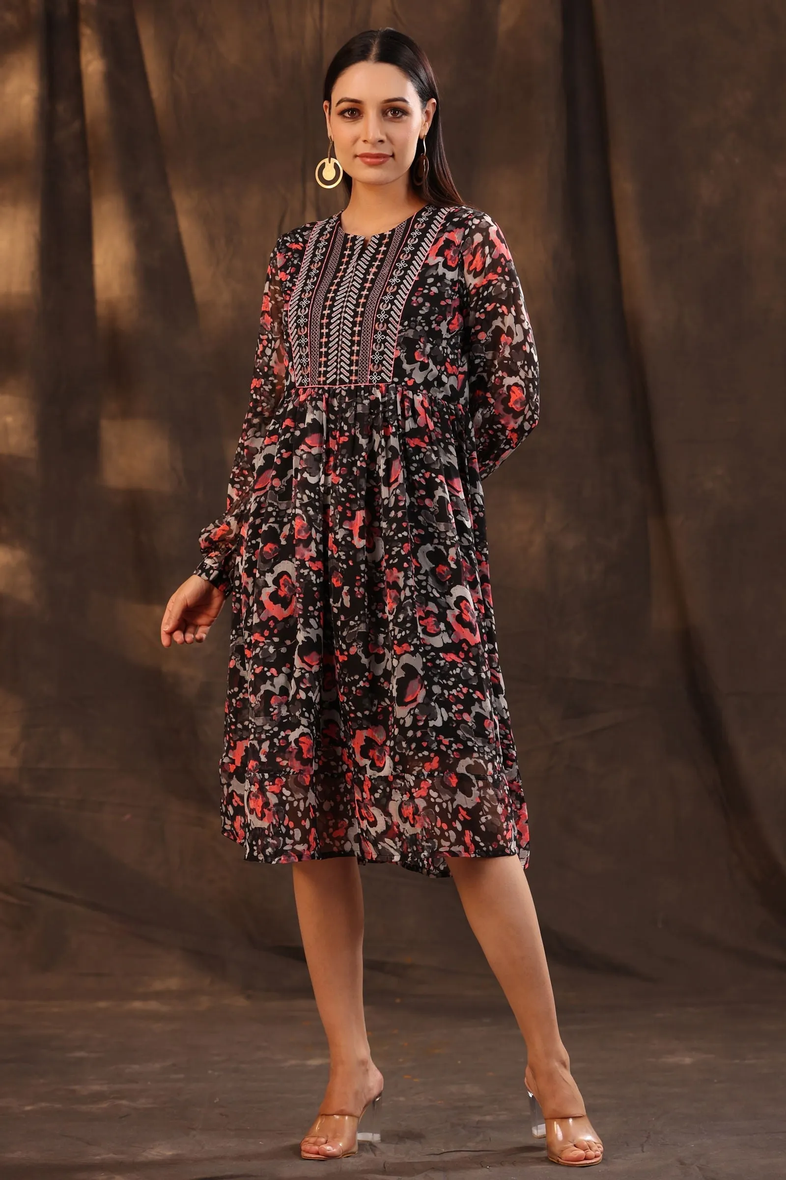 Jashvi Black Chiffon Abstract Printed Flared Midi Dress.