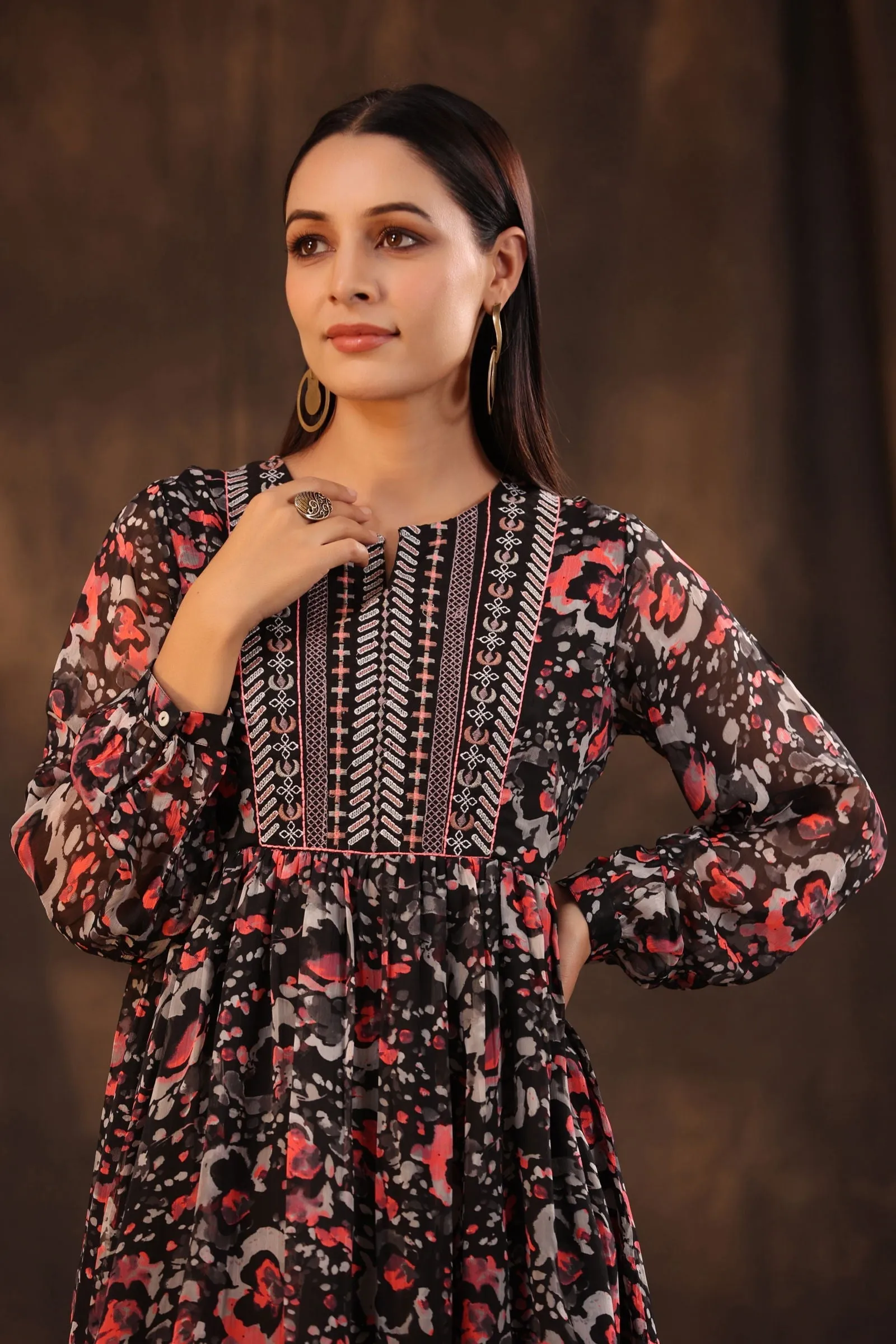 Jashvi Black Chiffon Abstract Printed Flared Midi Dress.