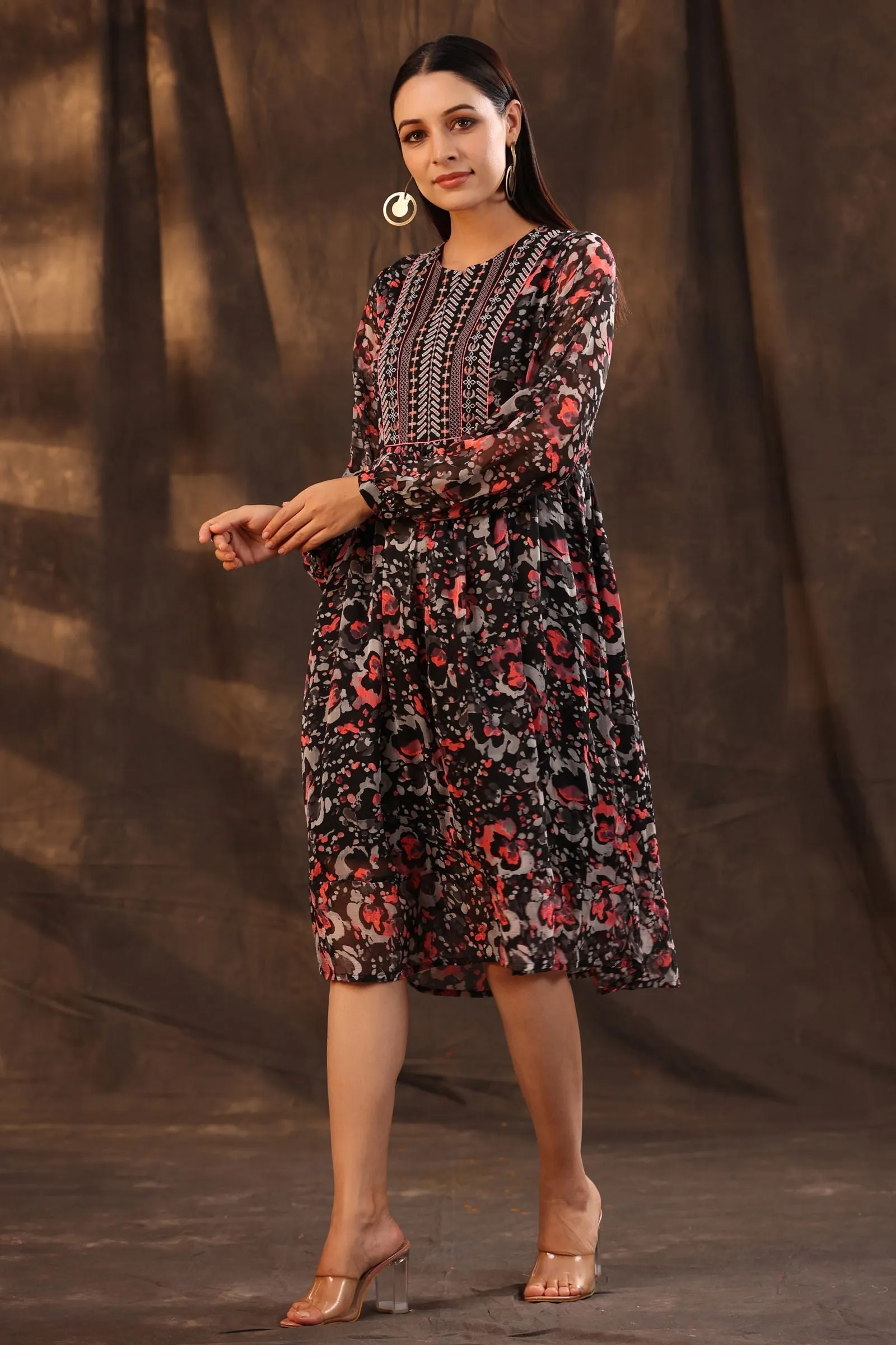 Jashvi Black Chiffon Abstract Printed Flared Midi Dress.