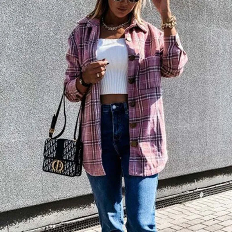 Joskaa Autumn Plaid Jacket Women Long Winter Checkered Jackets Coats Women Loose Overshirt Coat Female Shirt Jackets For Women