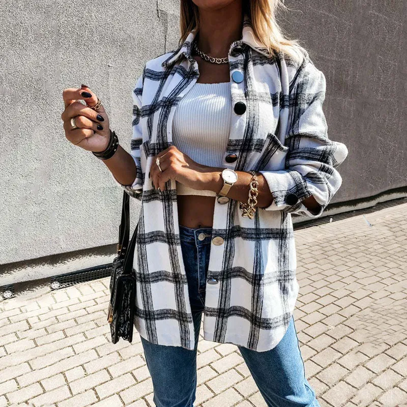 Joskaa Autumn Plaid Jacket Women Long Winter Checkered Jackets Coats Women Loose Overshirt Coat Female Shirt Jackets For Women