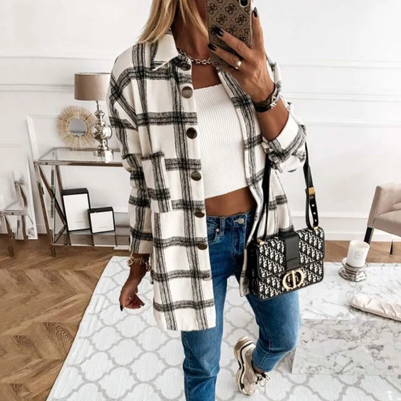 Joskaa Autumn Plaid Jacket Women Long Winter Checkered Jackets Coats Women Loose Overshirt Coat Female Shirt Jackets For Women