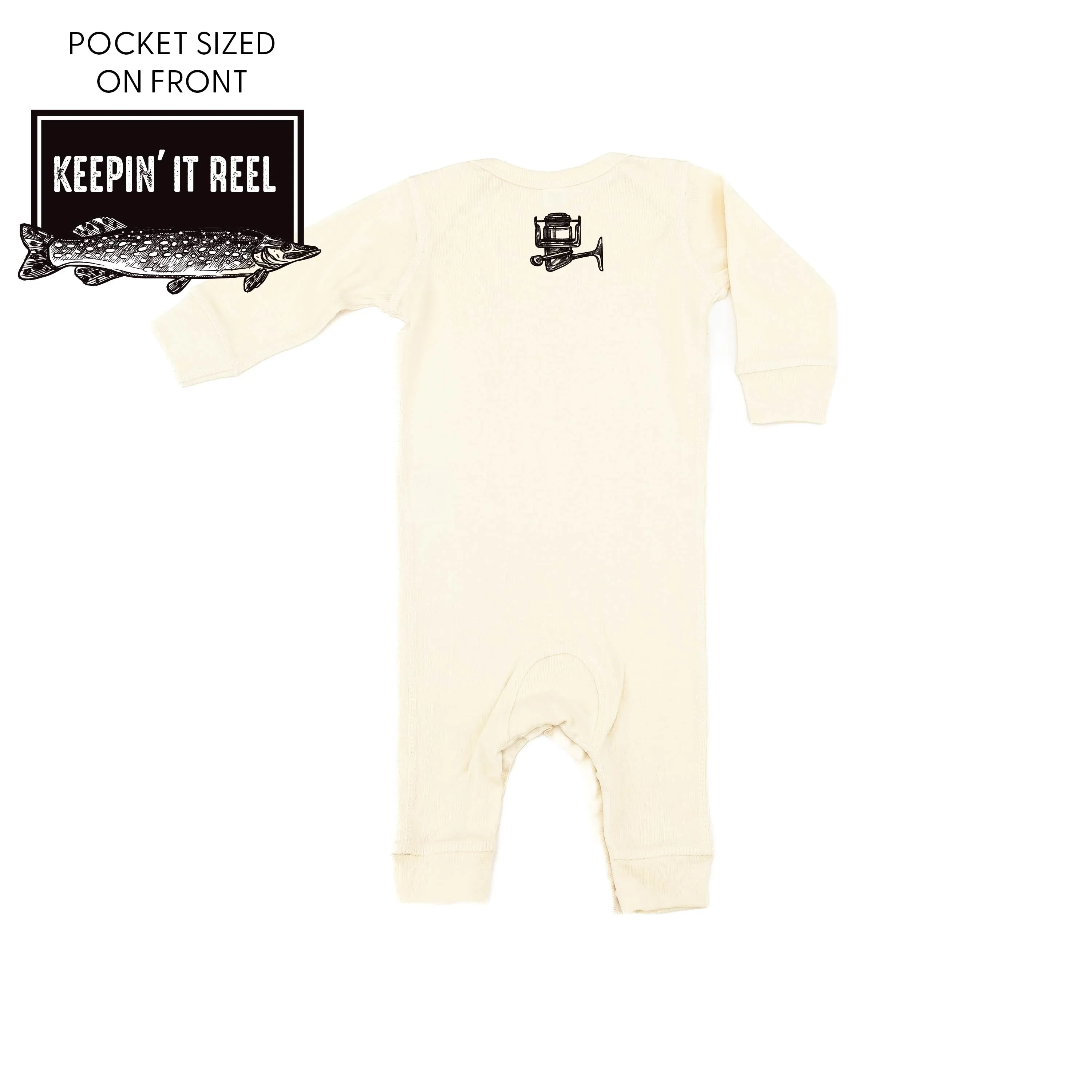 Keepin' It Reel Pocket Design on Front w/ Fishing Reel on Back - One Piece Baby Sleeper