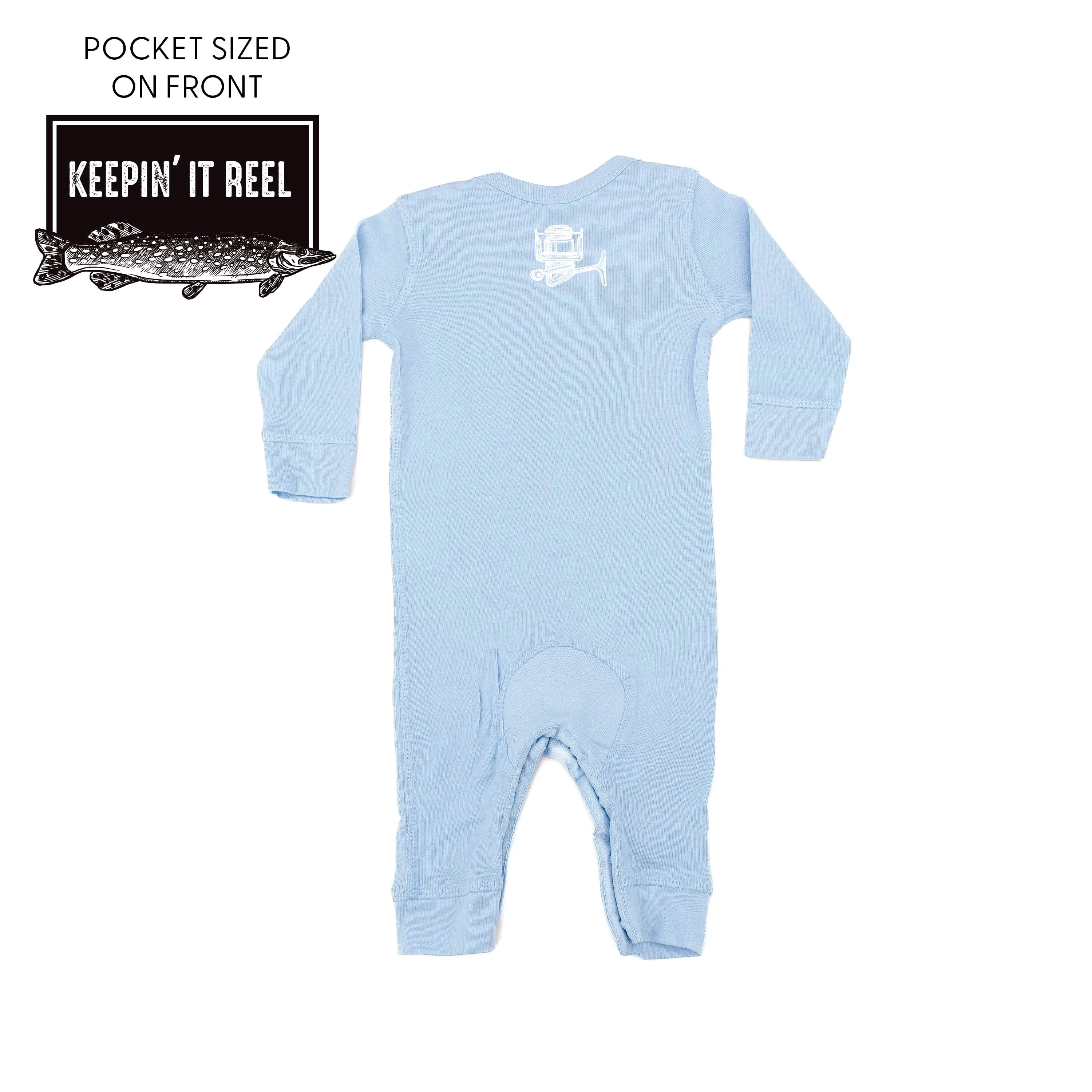 Keepin' It Reel Pocket Design on Front w/ Fishing Reel on Back - One Piece Baby Sleeper