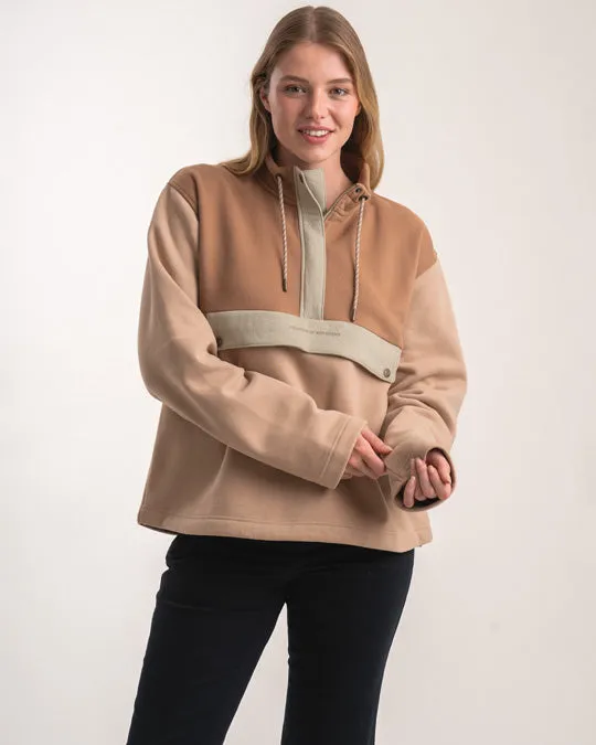 Ladies 1/4 Zip Sweater - Biscuit Colourblock