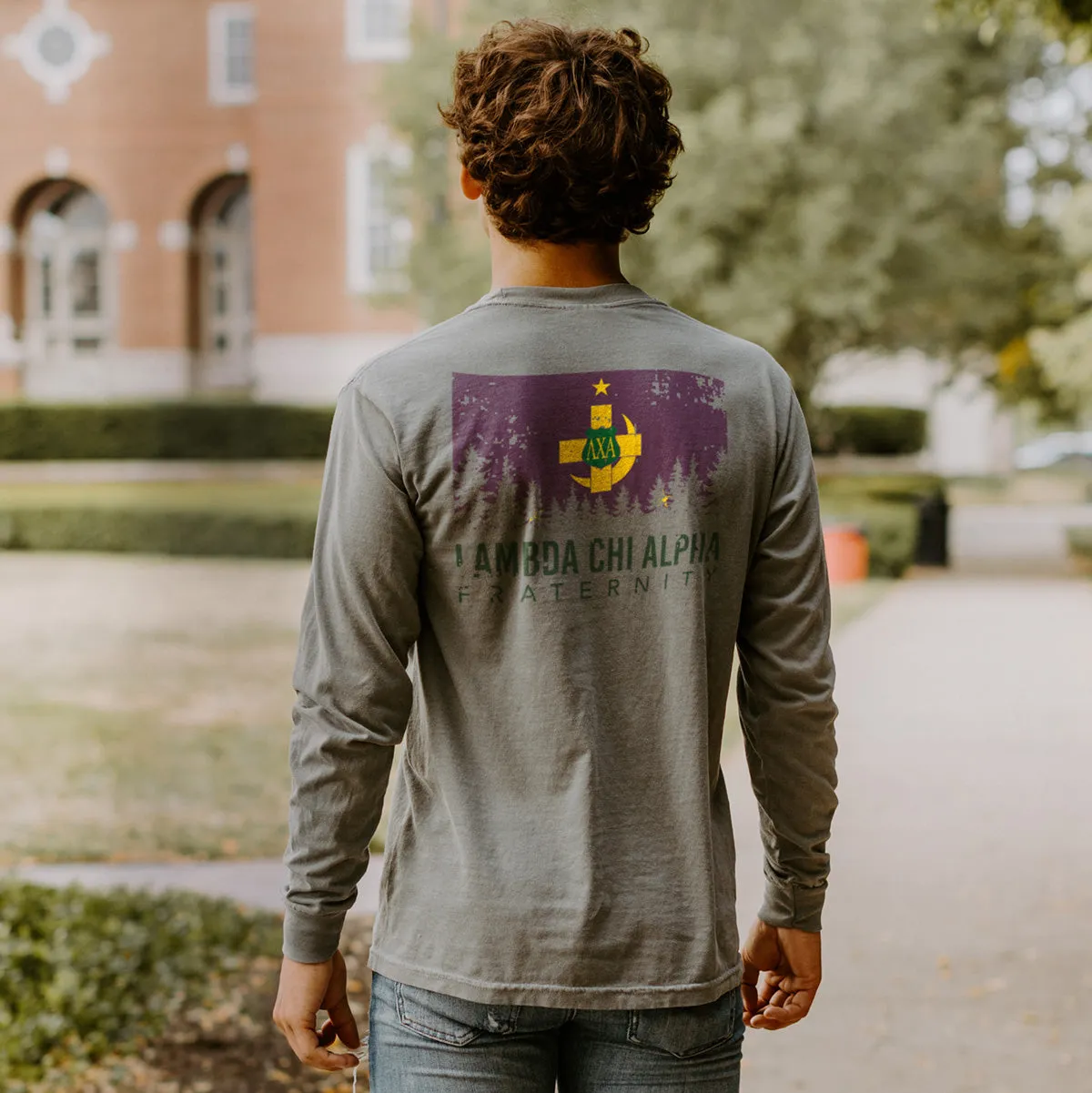 Lambda Chi Gray Comfort Colors Flag Long Sleeve Pocket Tee