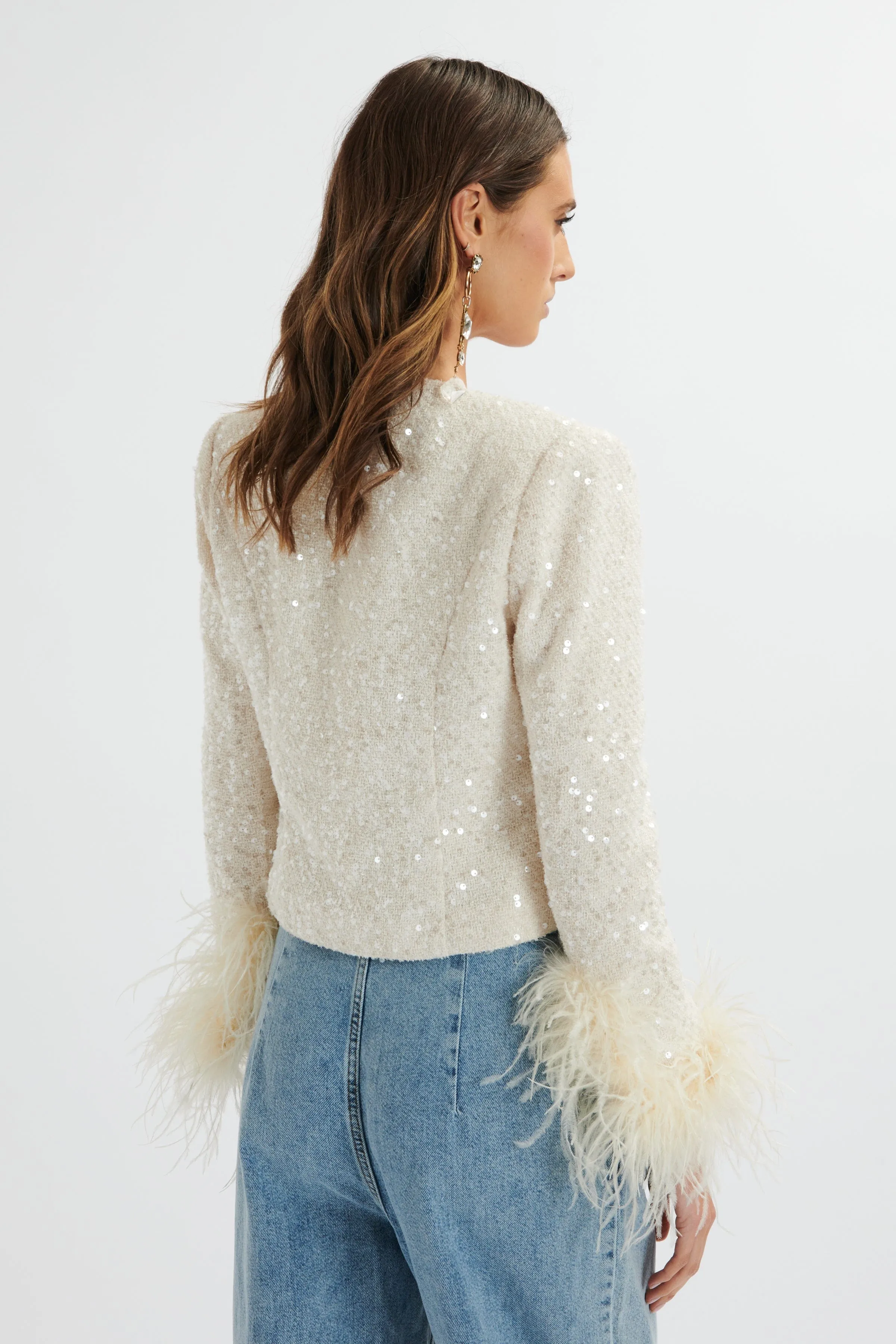 LARIA Sequin Boucle Cropped Jacket with Feather Cuffs In Beige