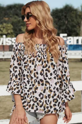 Leopard Off Shoulder Flared Sleeve Top