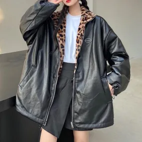 Leopard Print Black Leather Double Sided Jacket