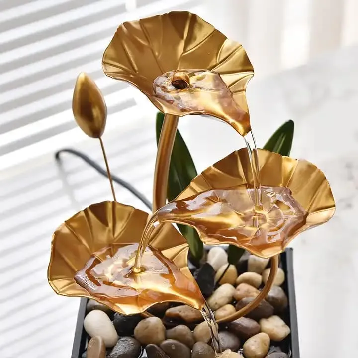 LIMPUS Tabletop Metal Water Fountain Home Decor Ornaments with Waterfall Desktop Leaf Fountains Deep Basin Natural River Rocks Indoor Zen Relaxation for Decor Office Living Bedroom