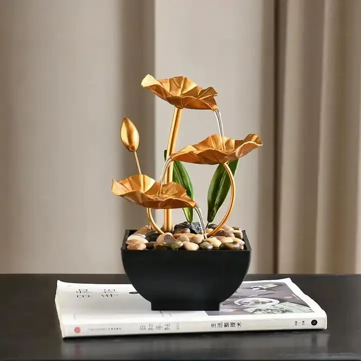 LIMPUS Tabletop Metal Water Fountain Home Decor Ornaments with Waterfall Desktop Leaf Fountains Deep Basin Natural River Rocks Indoor Zen Relaxation for Decor Office Living Bedroom