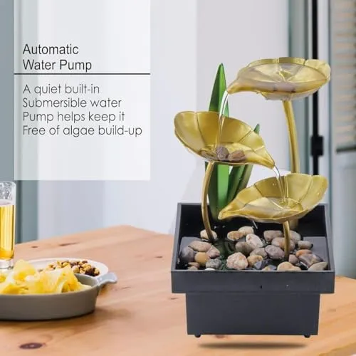 LIMPUS Tabletop Metal Water Fountain Home Decor Ornaments with Waterfall Desktop Leaf Fountains Deep Basin Natural River Rocks Indoor Zen Relaxation for Decor Office Living Bedroom