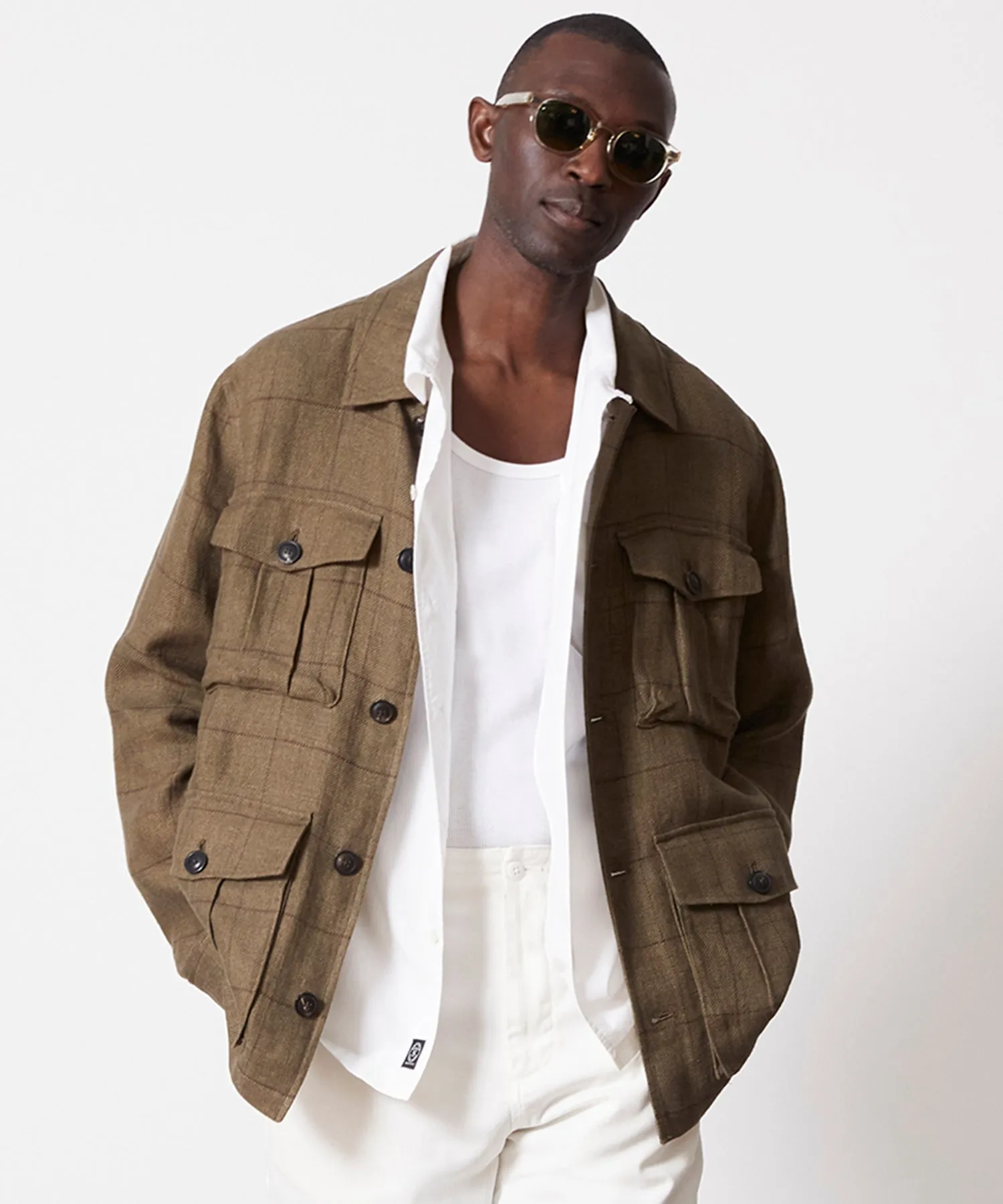 Linen Field Jacket in Olive Windowpane