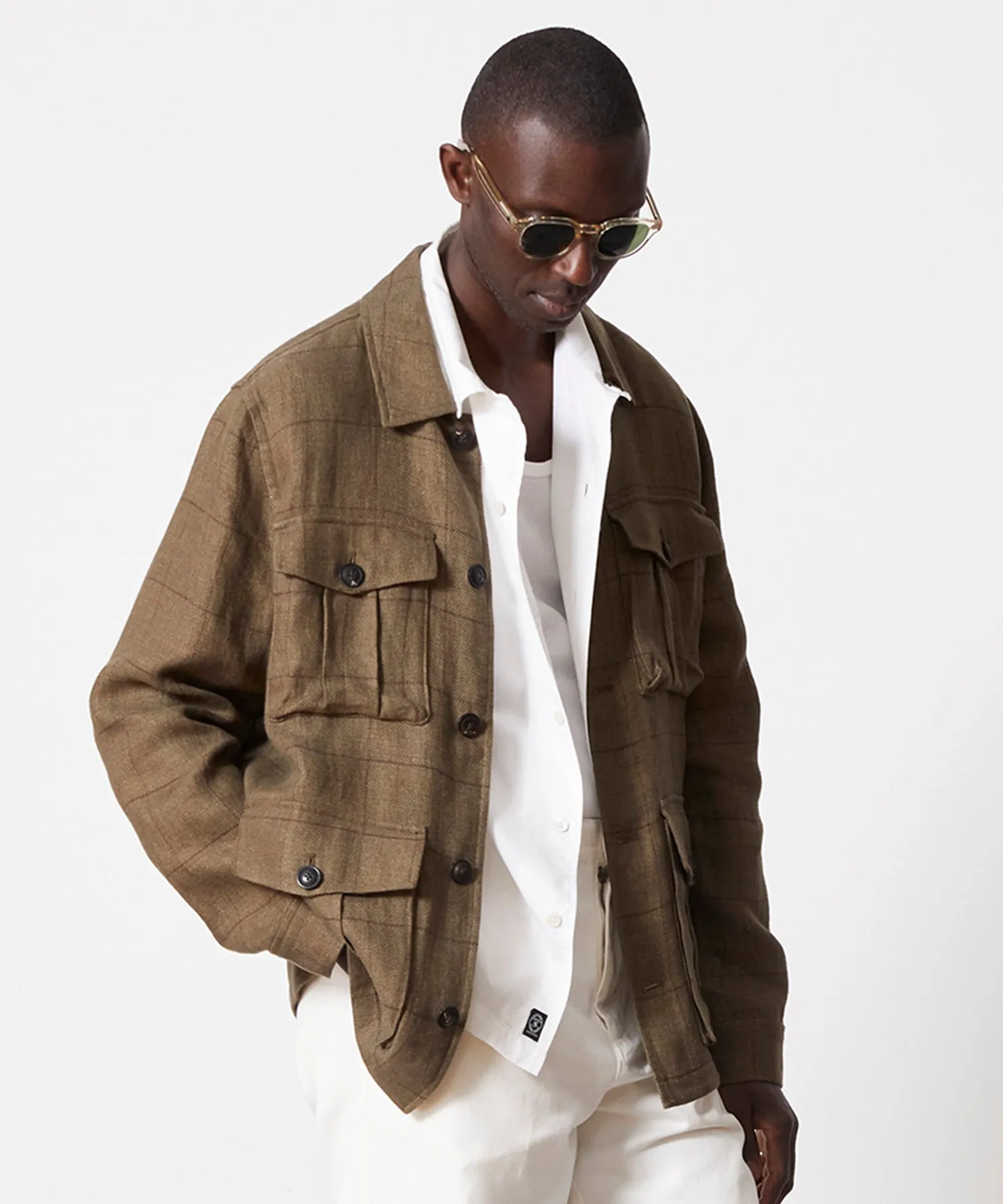 Linen Field Jacket in Olive Windowpane