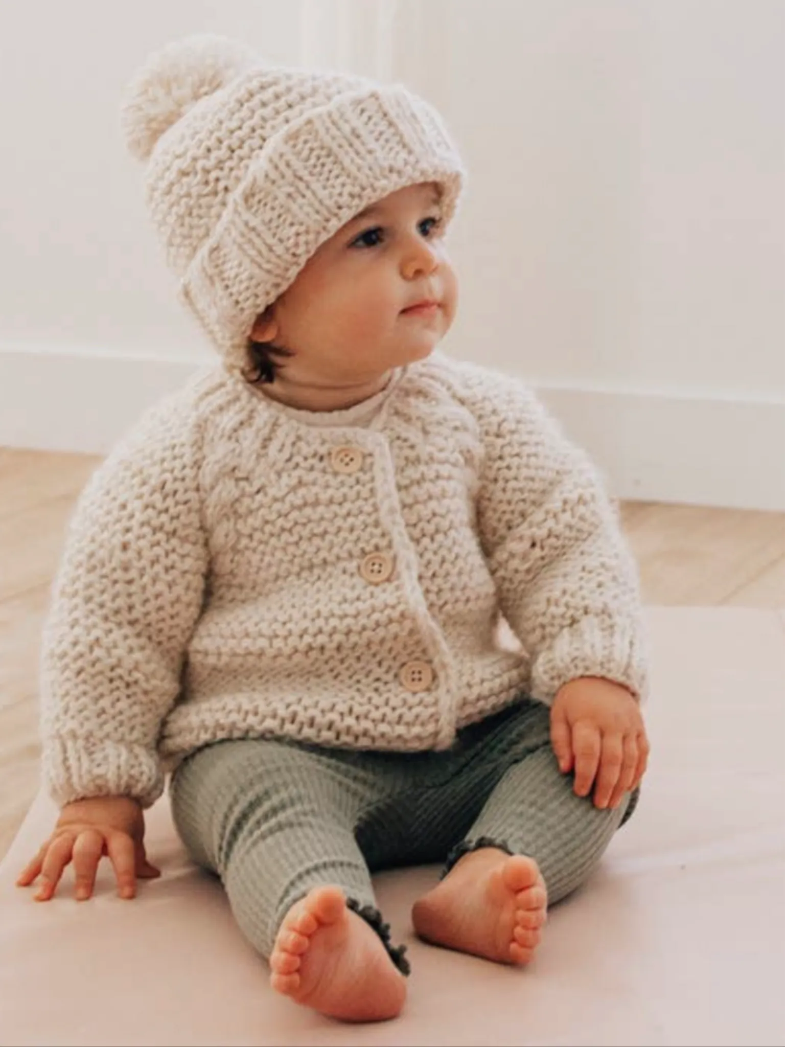 Littles Garter Stitch Cardigan Sweater - Natural