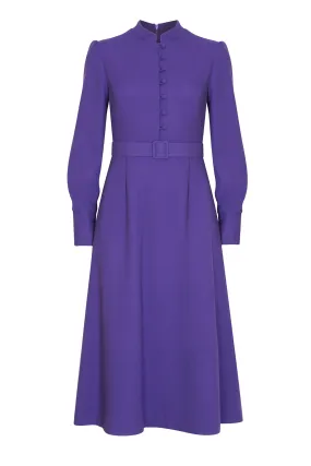 Long-Sleeved Dress with Button Up Bodice in Purple Wool Crepe - Cleo