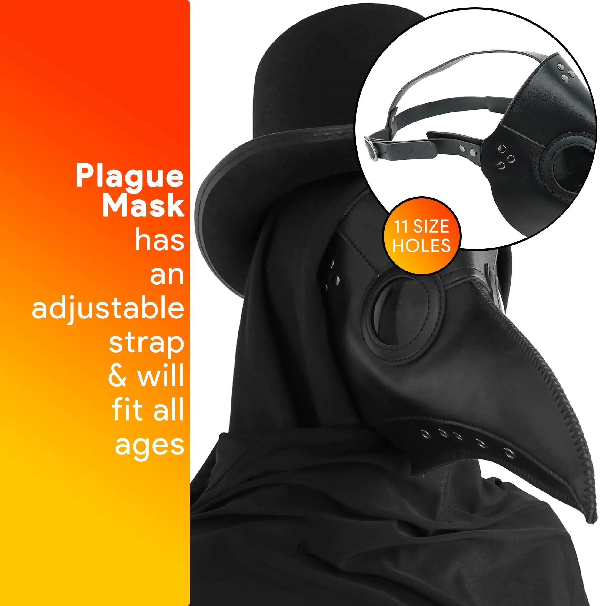 Medieval Doctor Plague Mask - Black Faux Leather Bird Death Doctors Mask Costume Accessory