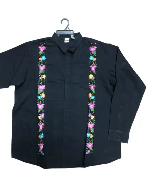 Men's Guayabera Floral Black Long Sleeve